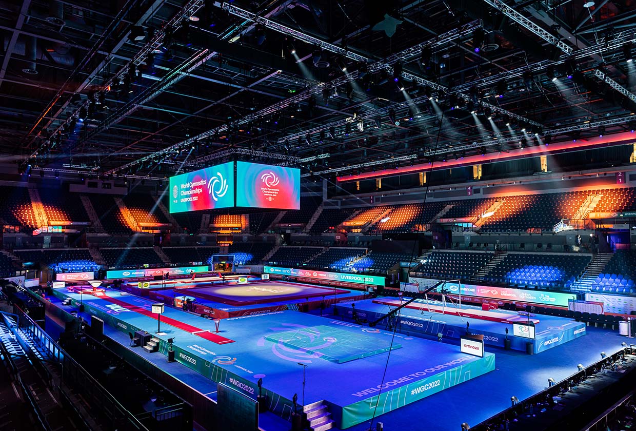 Image of the event venue for the Gymnastics Championships 2022 held in Liverpool with the LED screens designed and developed by the PPL Group.