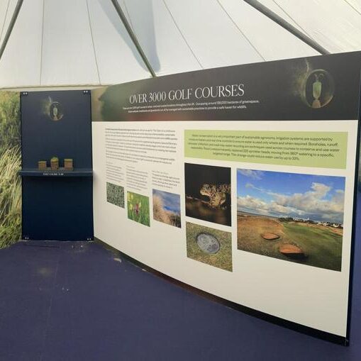 image of the sustainable golf hub display boards designed and put together by PPL Group for the 151st The Open.