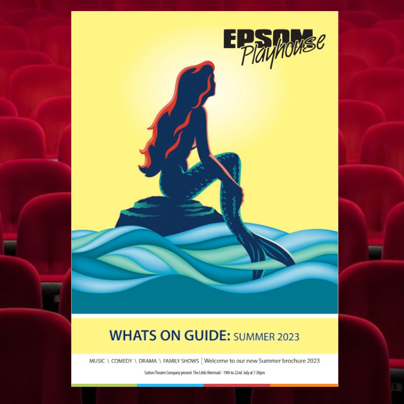 Image of the show guide for the Epsom Playhouse featuring the what's on guide for 2023 and a cover of the Little Mermaid. Designed and created by the PPL Group.