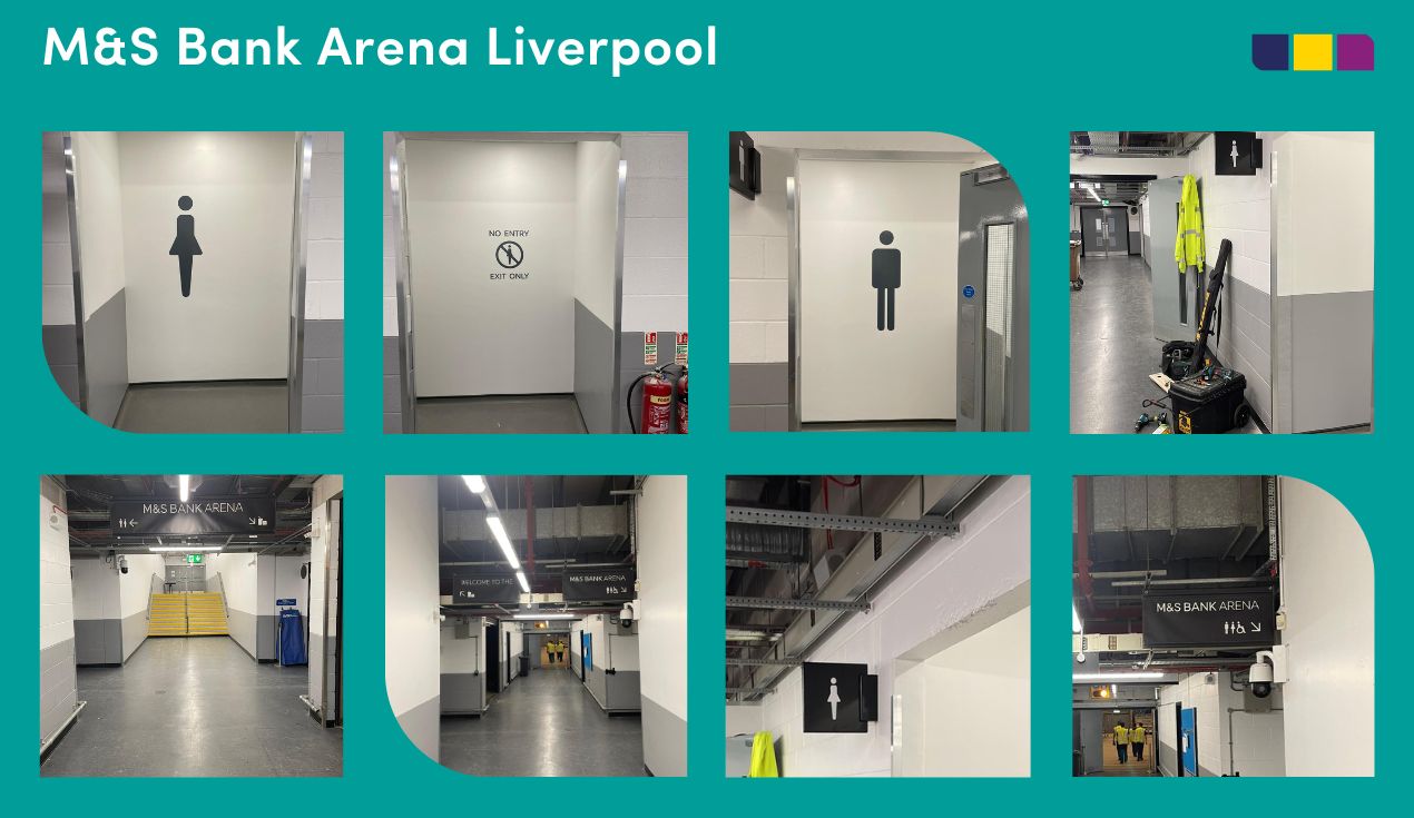 Signage installed at the M&S Bank Arena Liverpool for client The ACC Liverpool Group. Installed by The PPL Group, images show signage types including folded aluminium power-coated box signs, self adhesive vinyl graphics and fire rated banners.